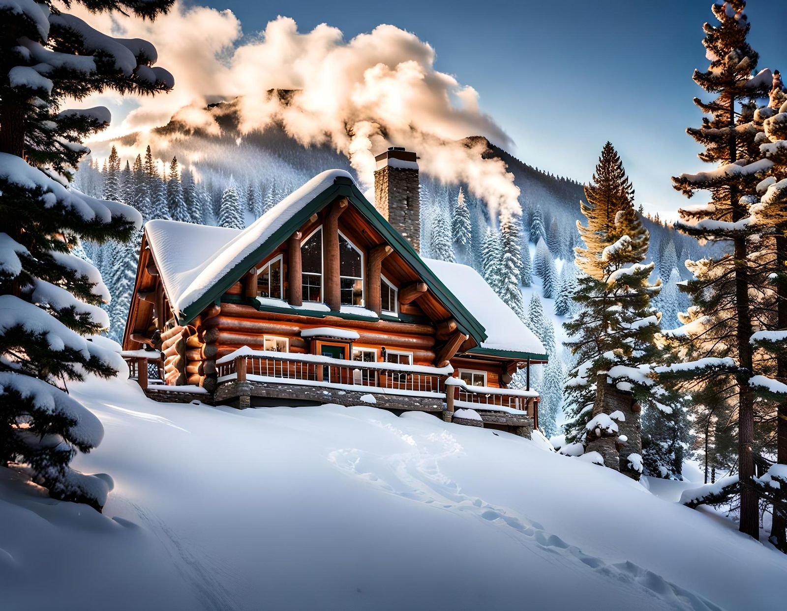 Snowy Mountain Cabin with Curling Smoke