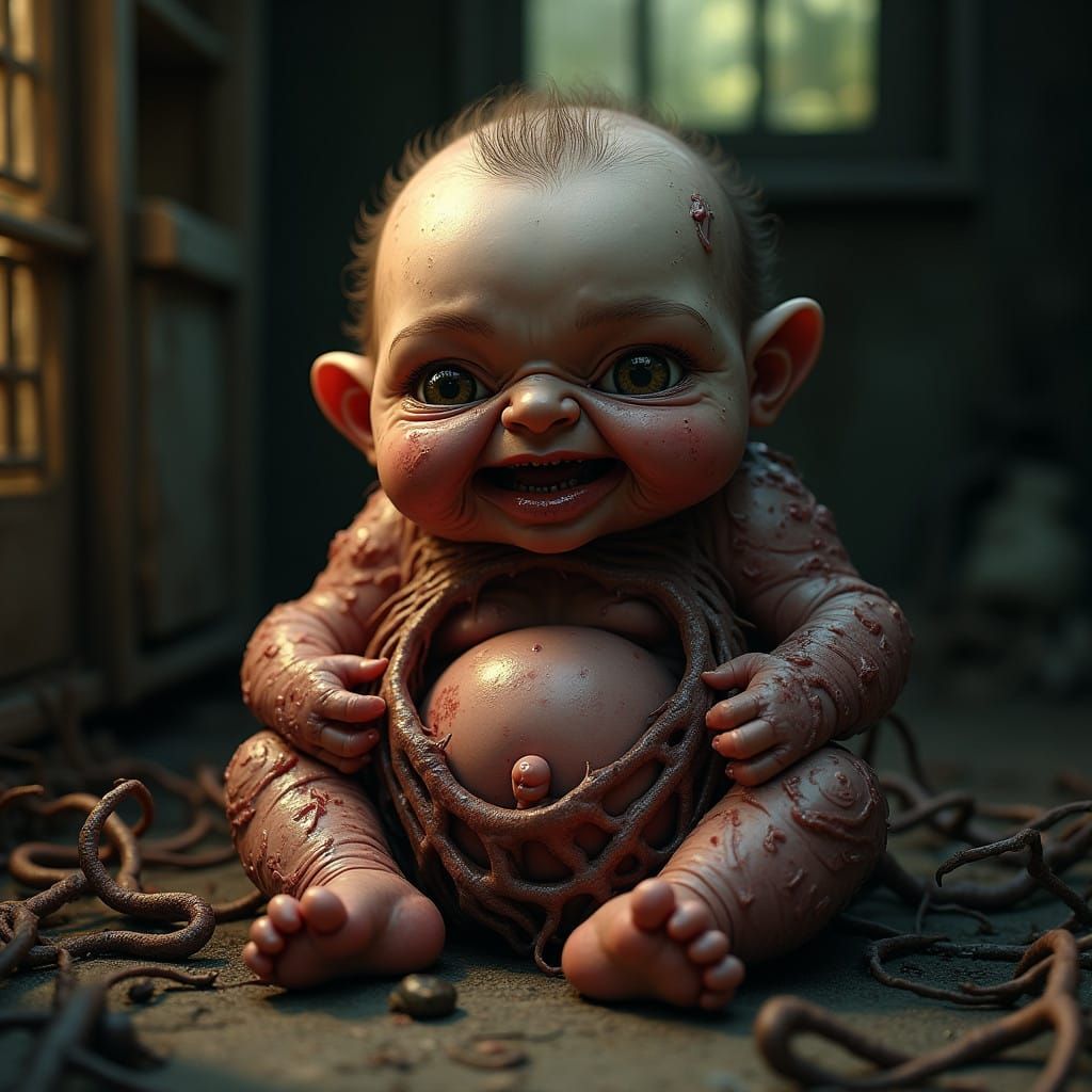 Grotesque Yet Endearing Infant in a Dark, Decaying Environme...