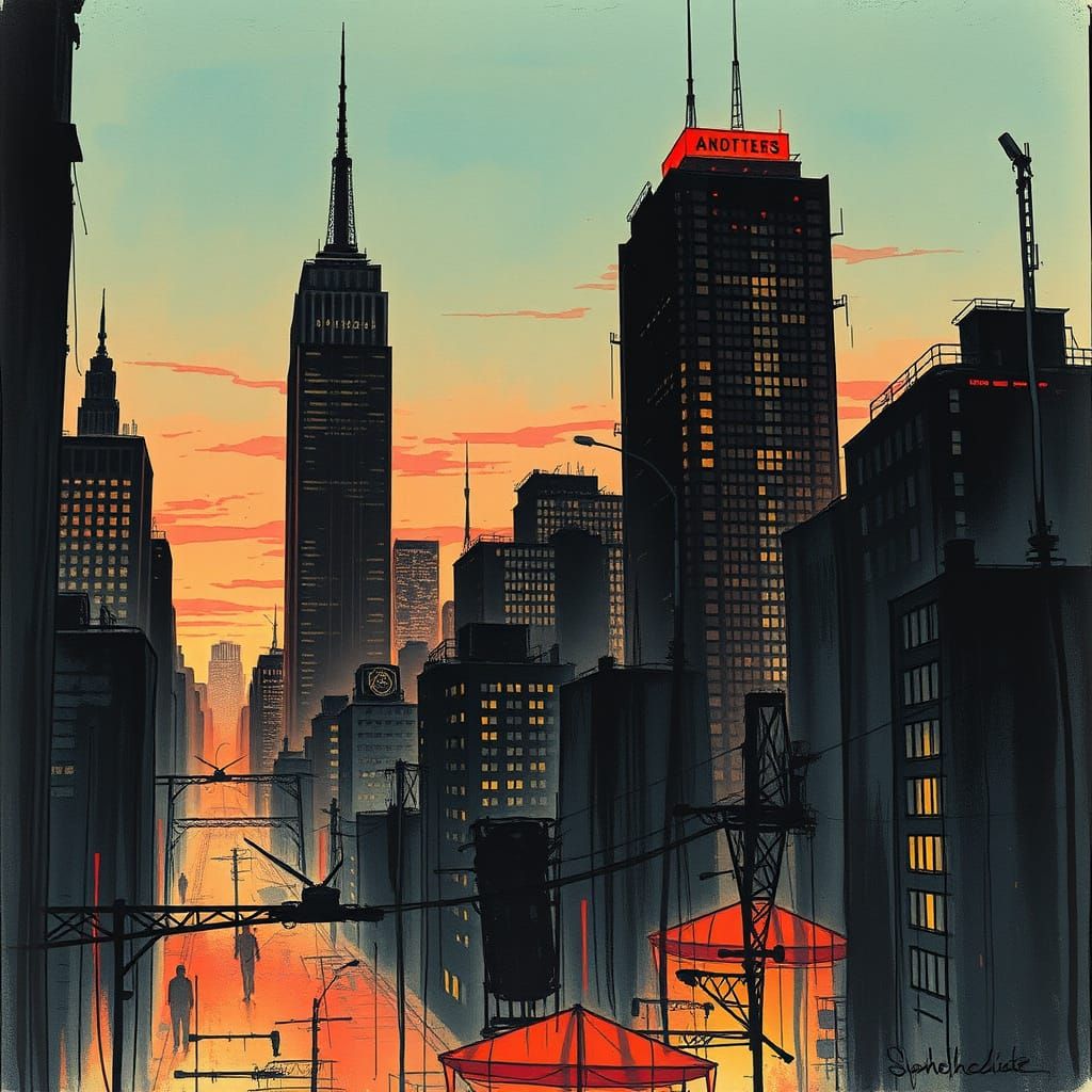 Neon Cityscape Silhouette with Expressive Lines