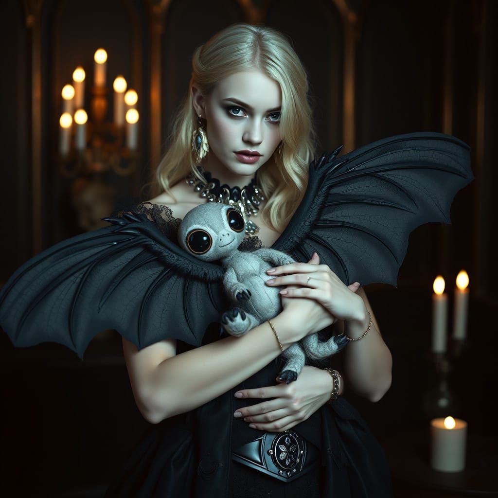 Gothic Woman Cuddles Enchanting Mothman Plushie in Whimsical...