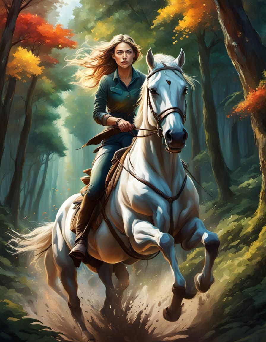 Girl on Horseback in Epic Forest: Hyperrealistic Art