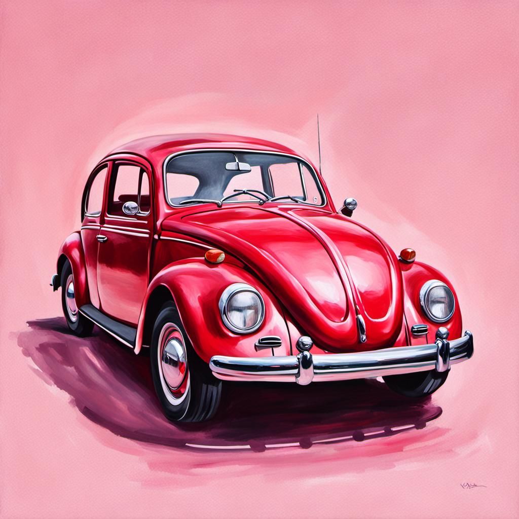 Index Finger Holding Red VW Beetle, Classical Oil Painting