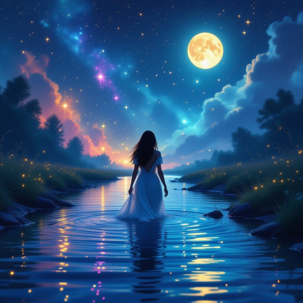 Ethereal Woman in Cosmic River Fantasy