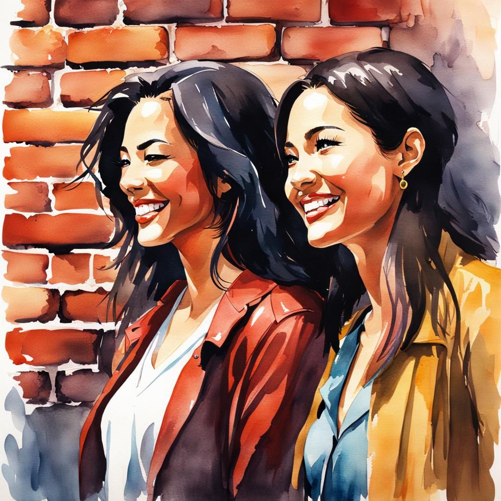 Women Smiling Over Wall in Watercolor Concept Art