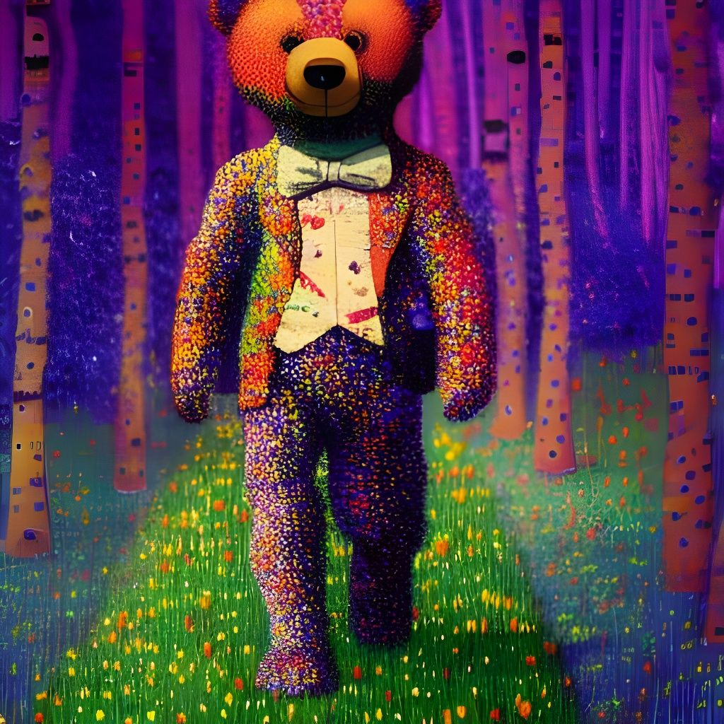 Colorful Pointillist Teddy Bear Forest Adventure