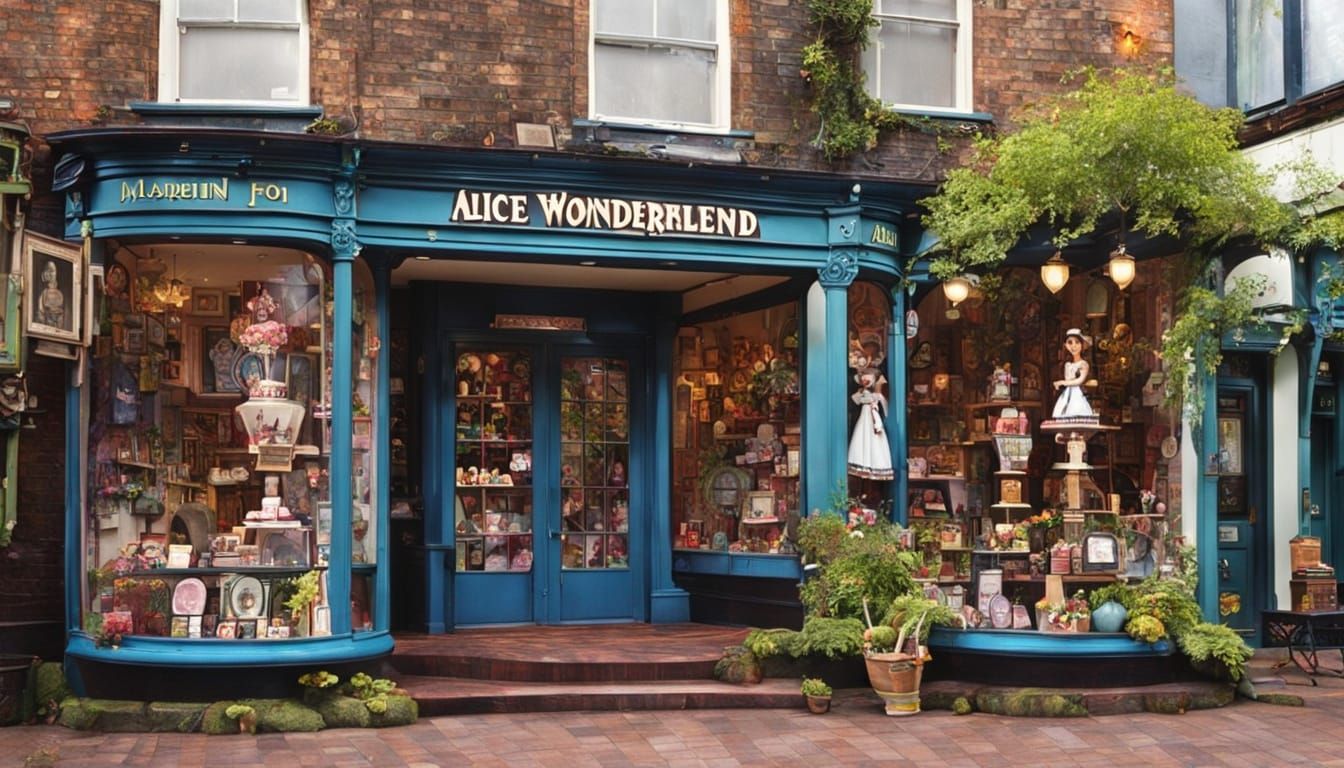 Victorian Novelty Shop Displaying Alice in Wonderland Mercha...