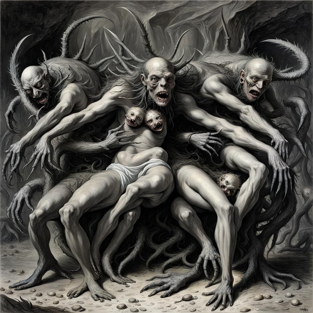 Nightmarish Daemon Merging Female Forms in Horror Style