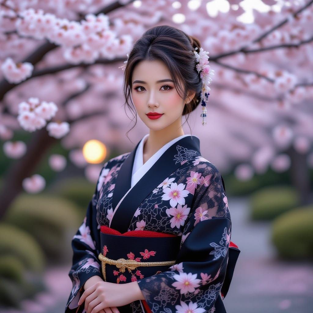 Elegant Japanese Woman in Lace Kimono at Twilight