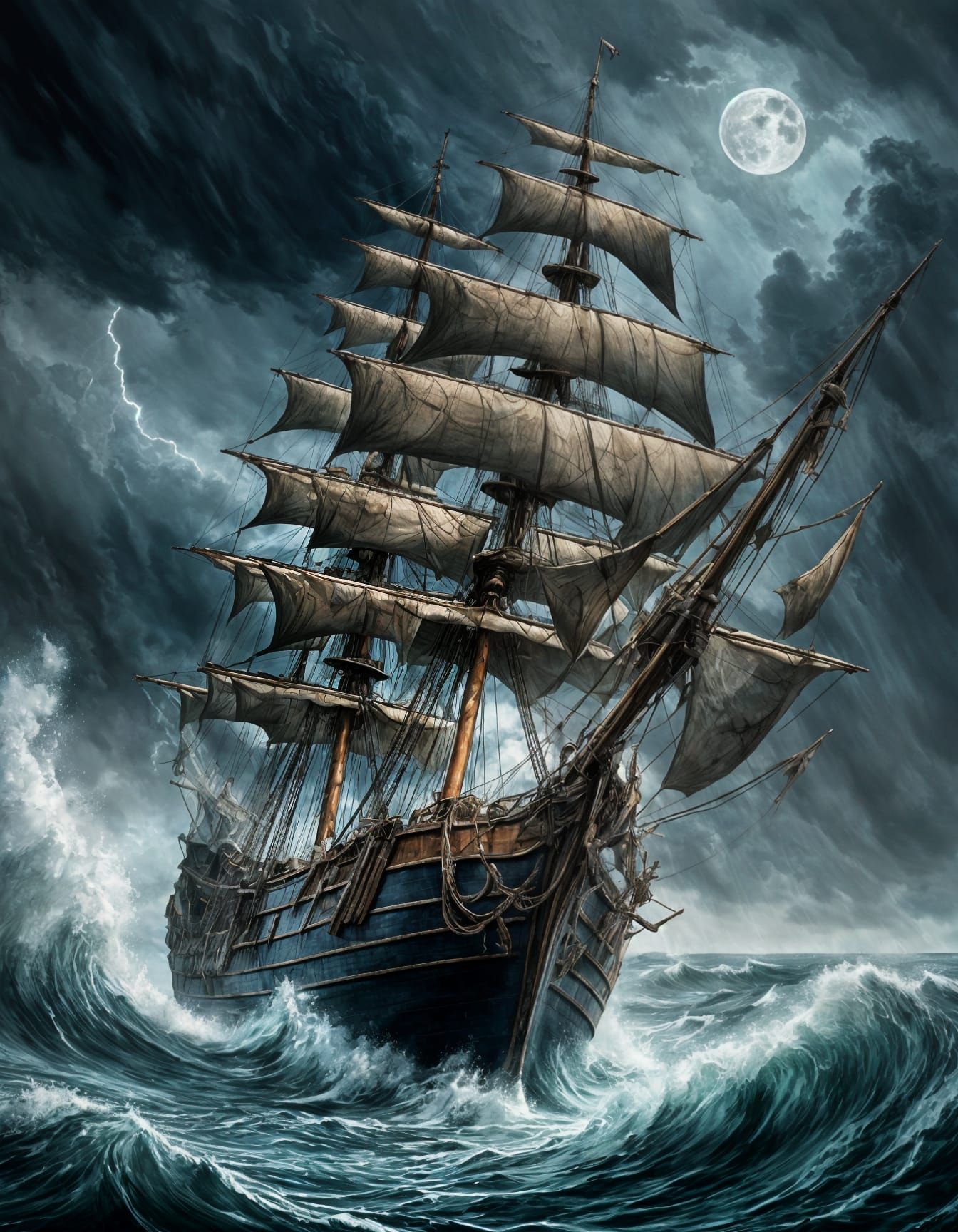 Pirate Galleon Battles Stormy Seas in Watercolor