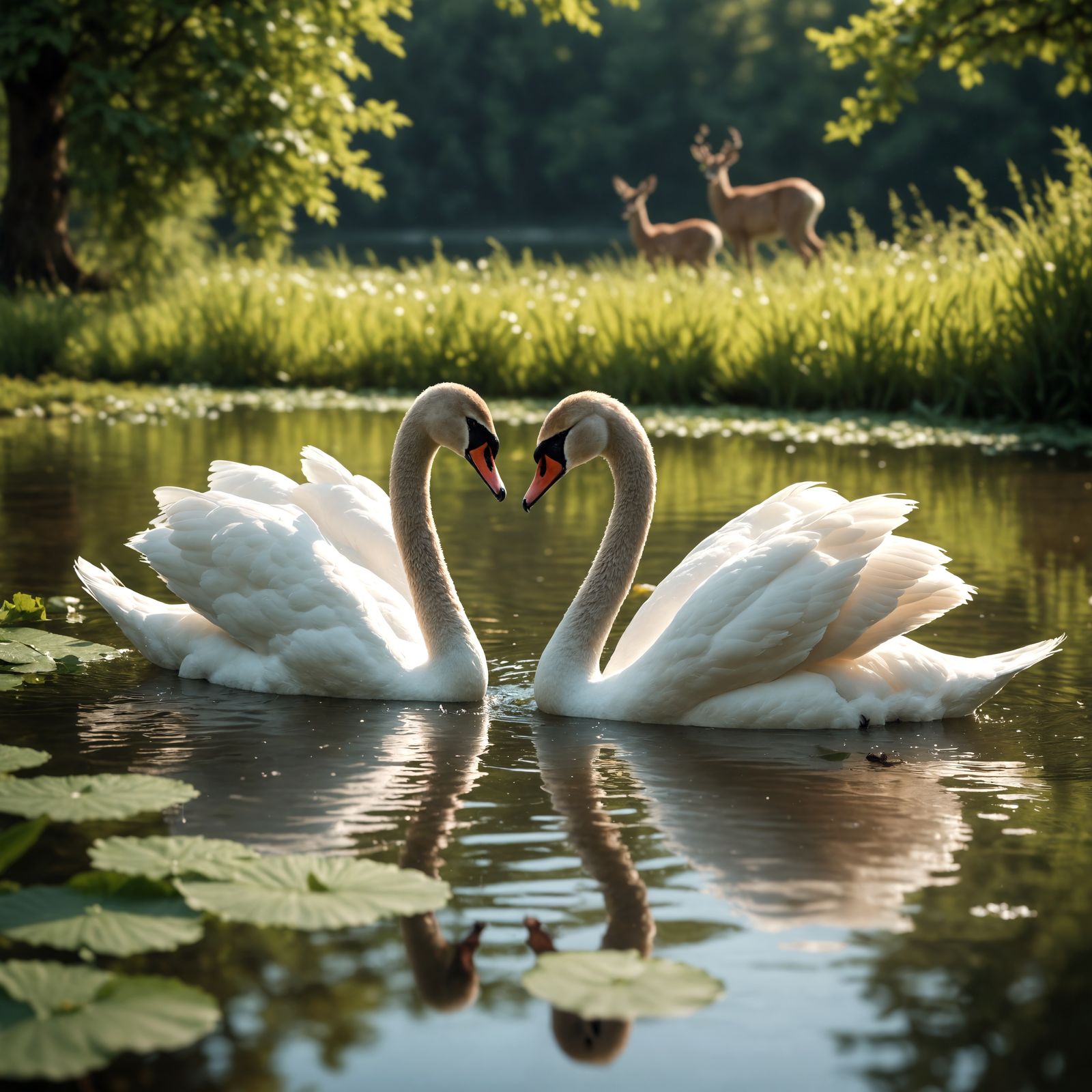 Enchanting Scene with Swans and Miniature Deer