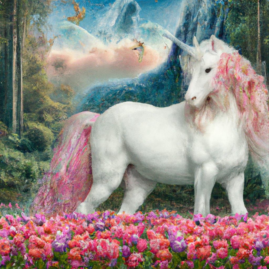 Elegant Unicorn Tapestry in Tulip Field