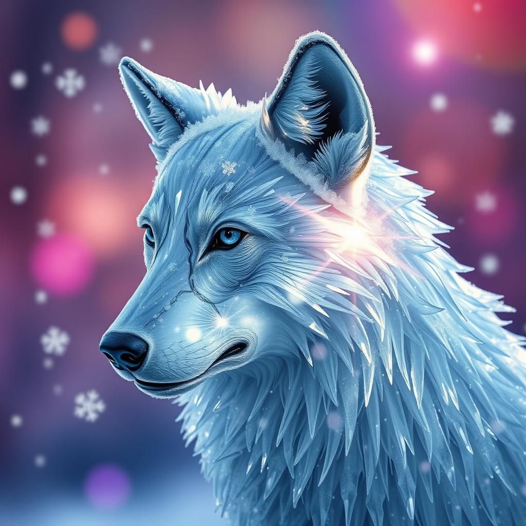 Hyperrealistic Glass Wolf in Winter Landscape