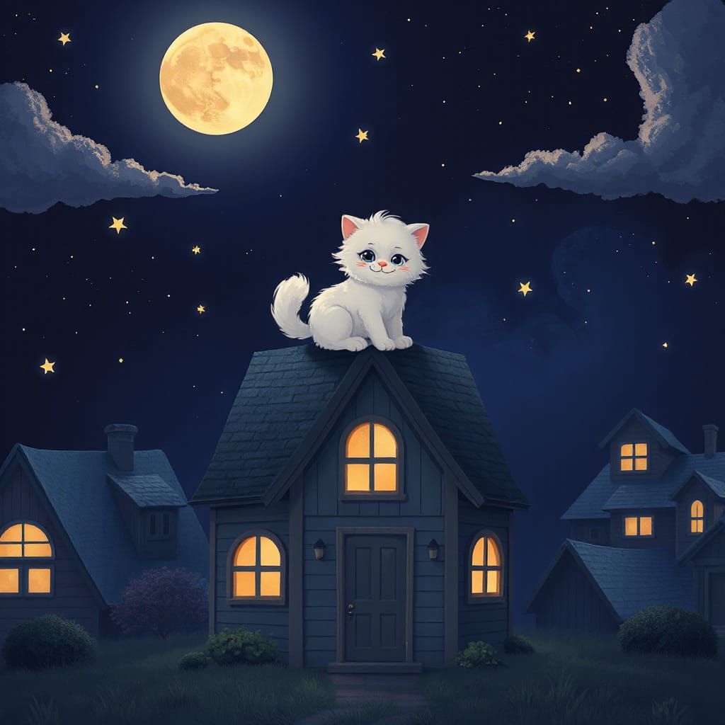 Whimsical Cartoon Nighttime Scene with Cute Cat