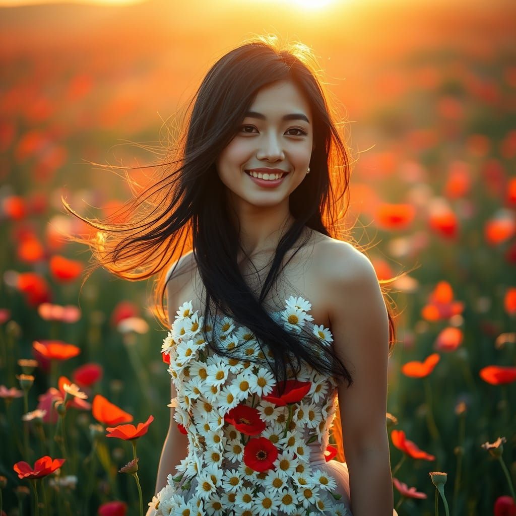 Radiant Woman in Daisy Dress Amidst Poppy Field
