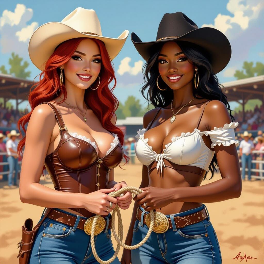Busty Cowgirls Lassoing at a Rodeo in Realistic Style