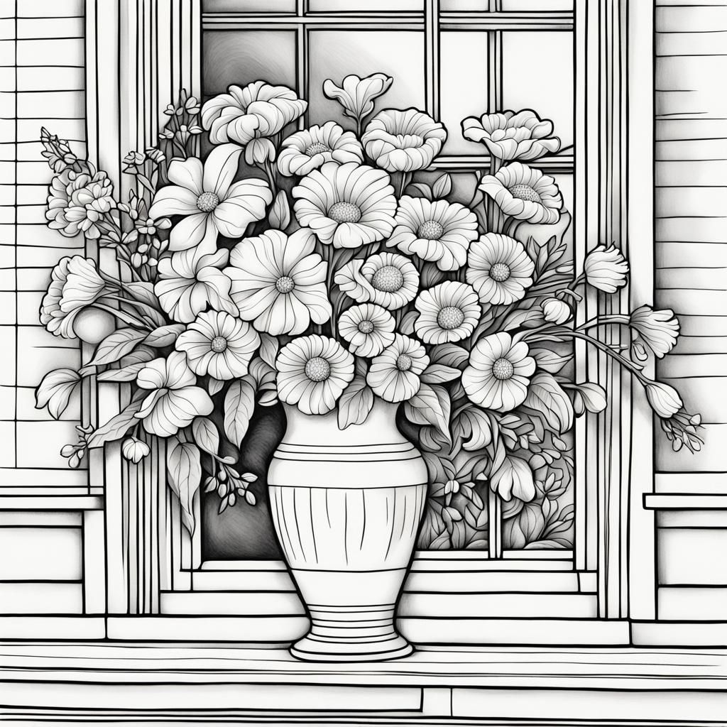 Coloring Page: White Vase with Flowers by Window