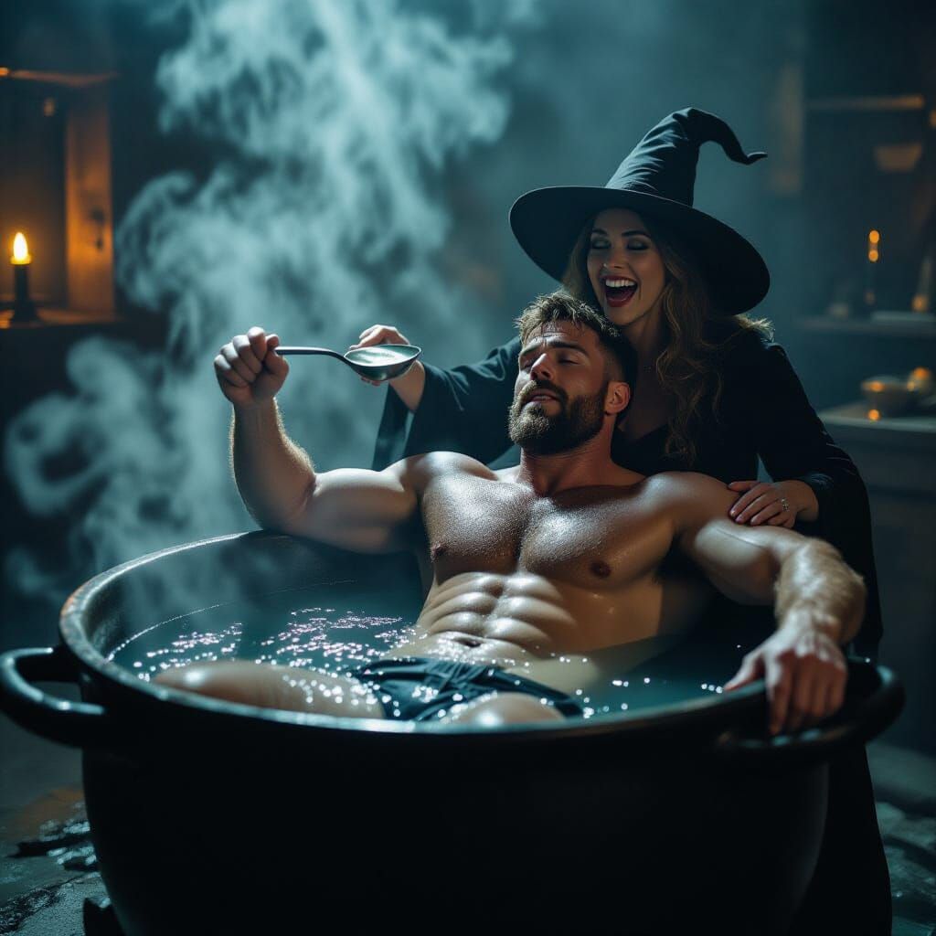 Buff Cop Relaxing in Witch's Cauldron