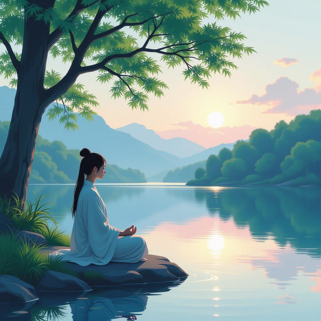 Meditative Figure by Glassy Lake in Photorealistic Style