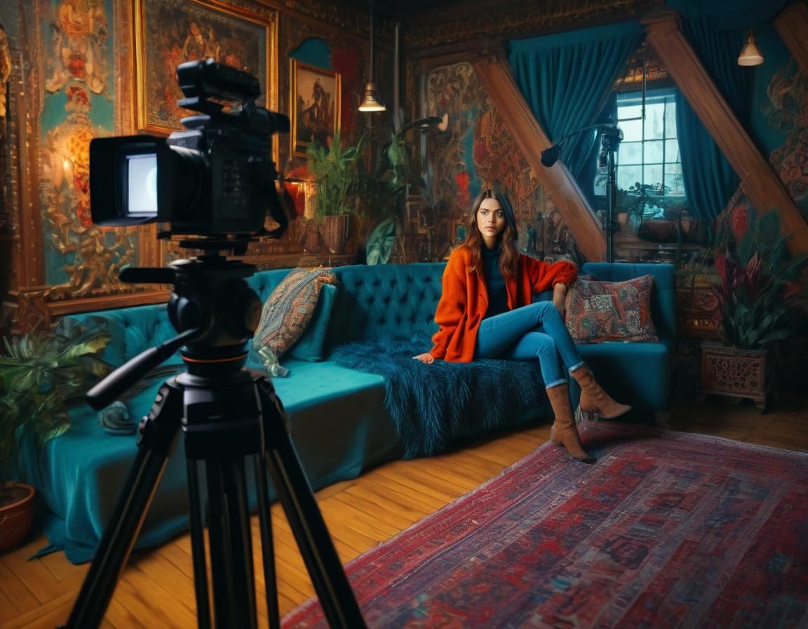 Red-Haired Model on Set with Cinematic Lighting