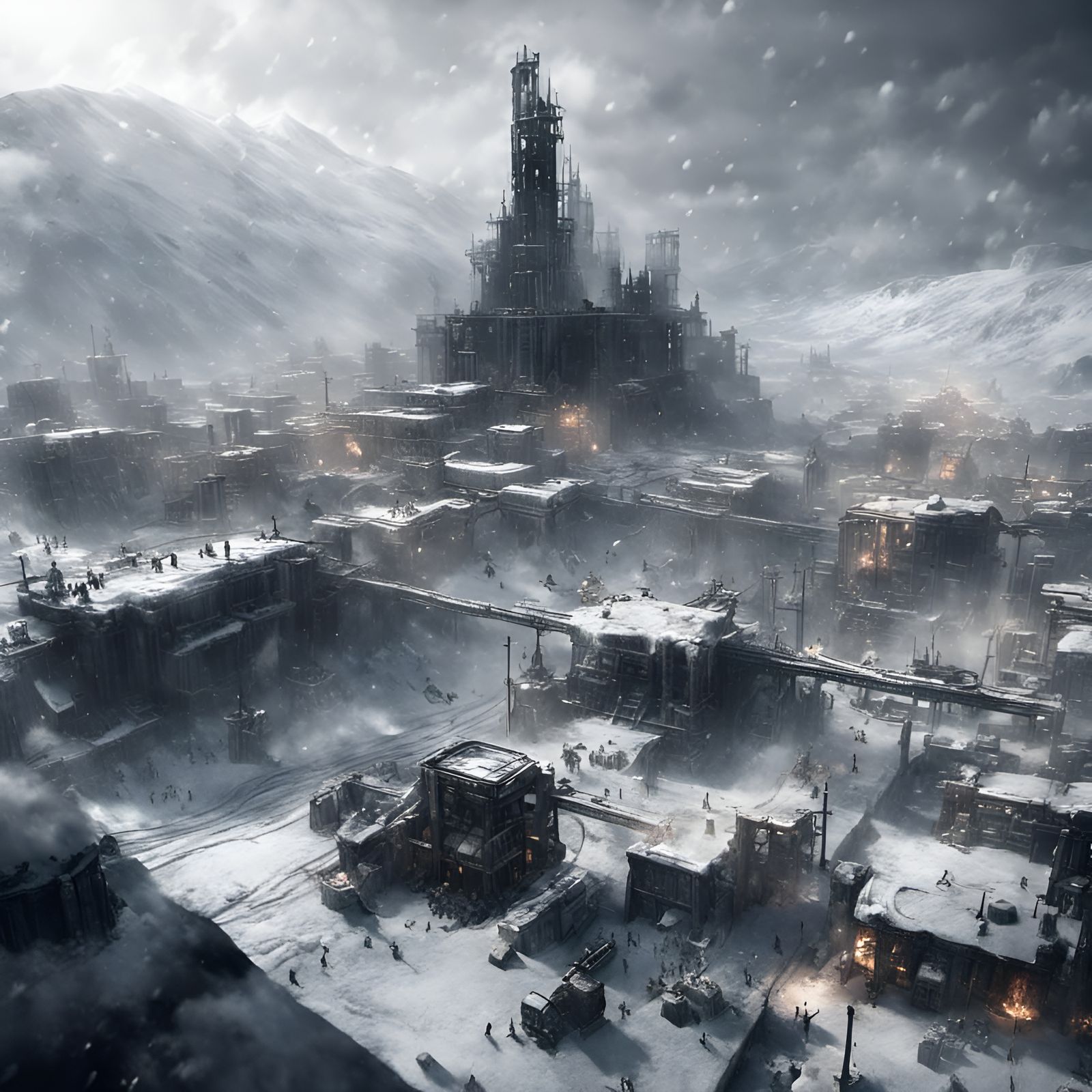 Epic Frostpunk City in Ice Crater: 3D Render