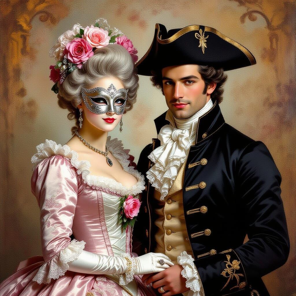 a detailed and vibrant painting depicting a masquerade ball ...