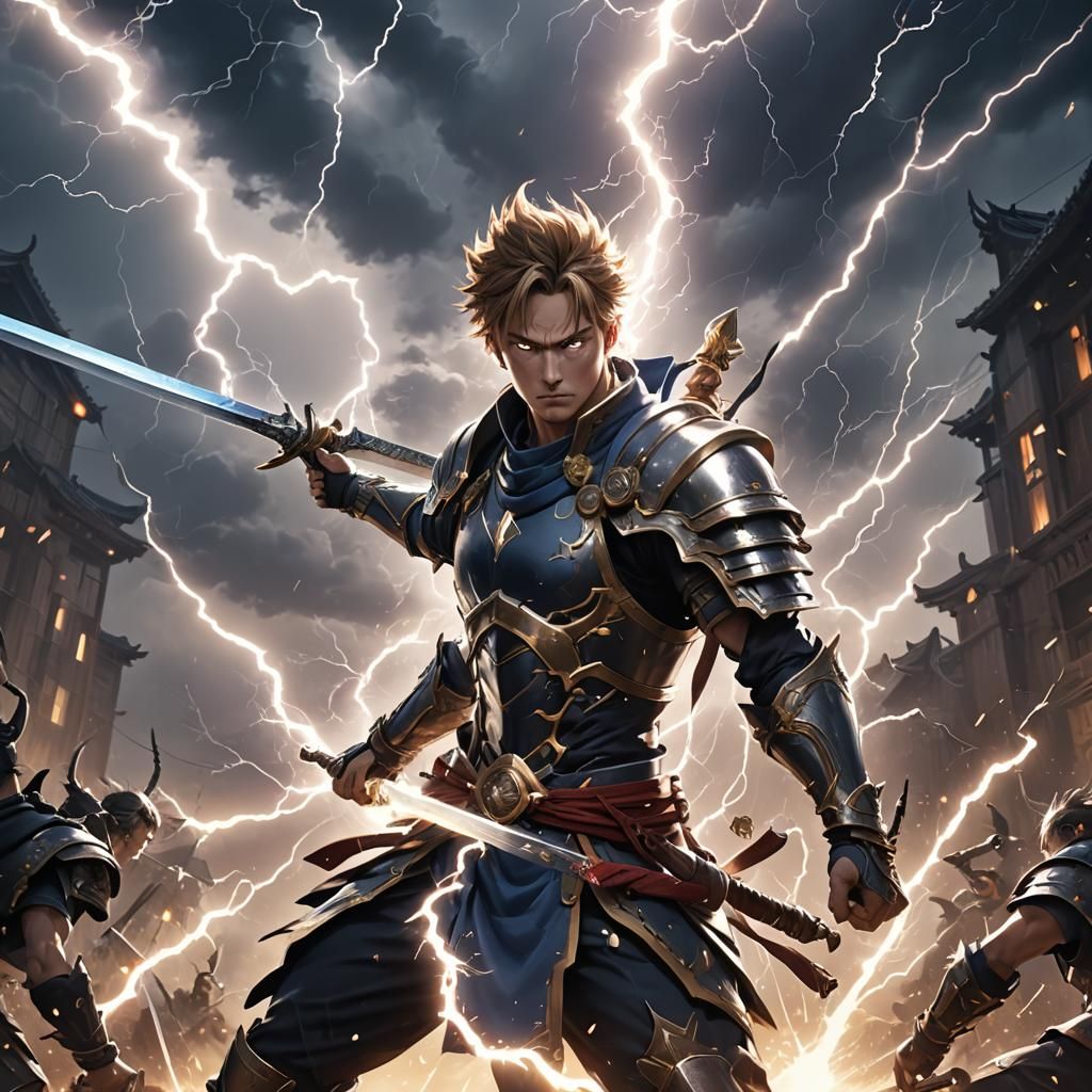 Warrior Summons Lightning in 3D Anime Art