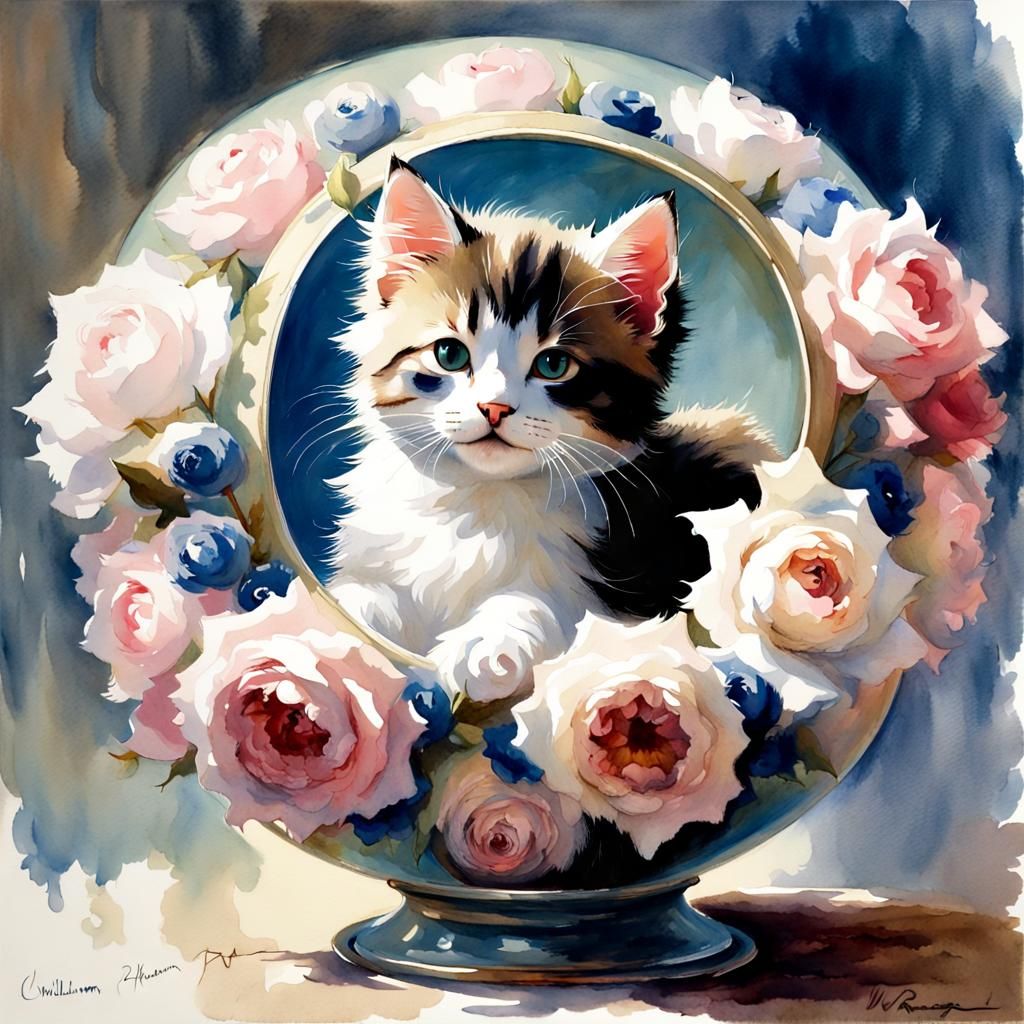 Kitten in Rose Bouquet: Dreamy Watercolor Painting