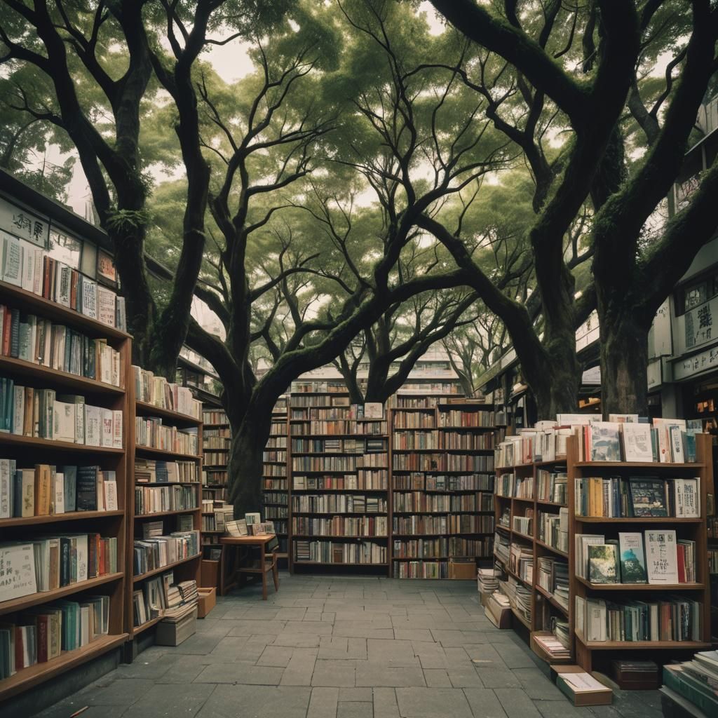 Tiny Bookstore with Trees in Taiwan: Cinematic Still