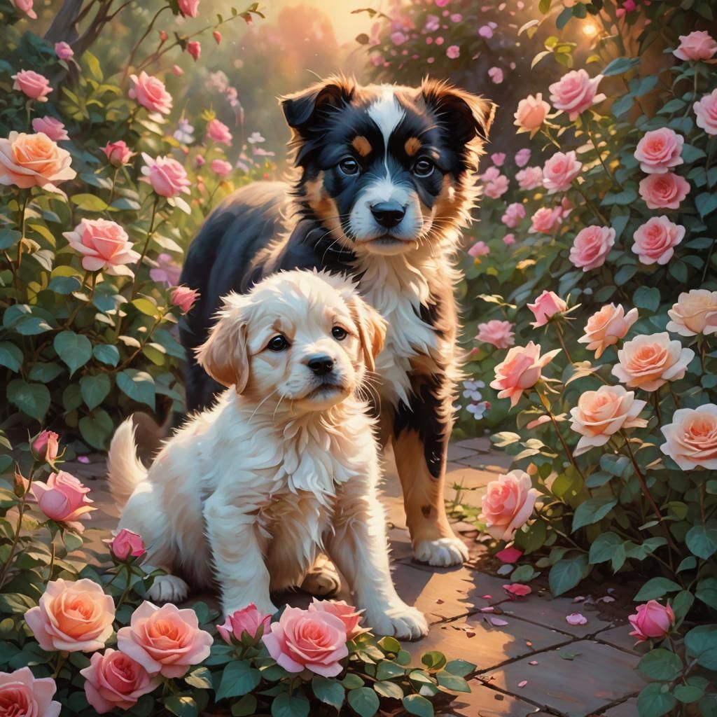 Puppy and Kitten Garden in Dreamy Impressionism