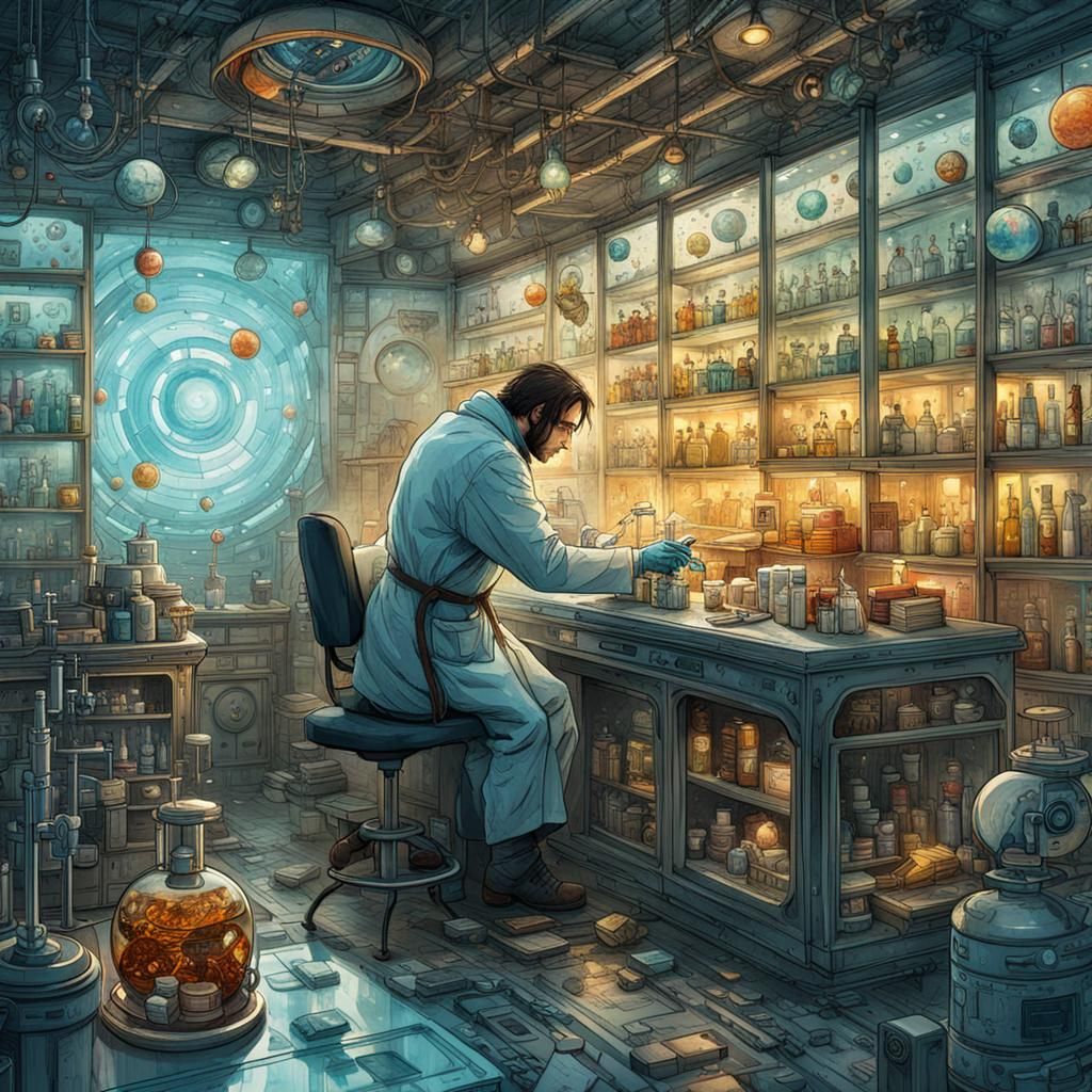 Futuristic Botanist in Lab with Watercolor Effects