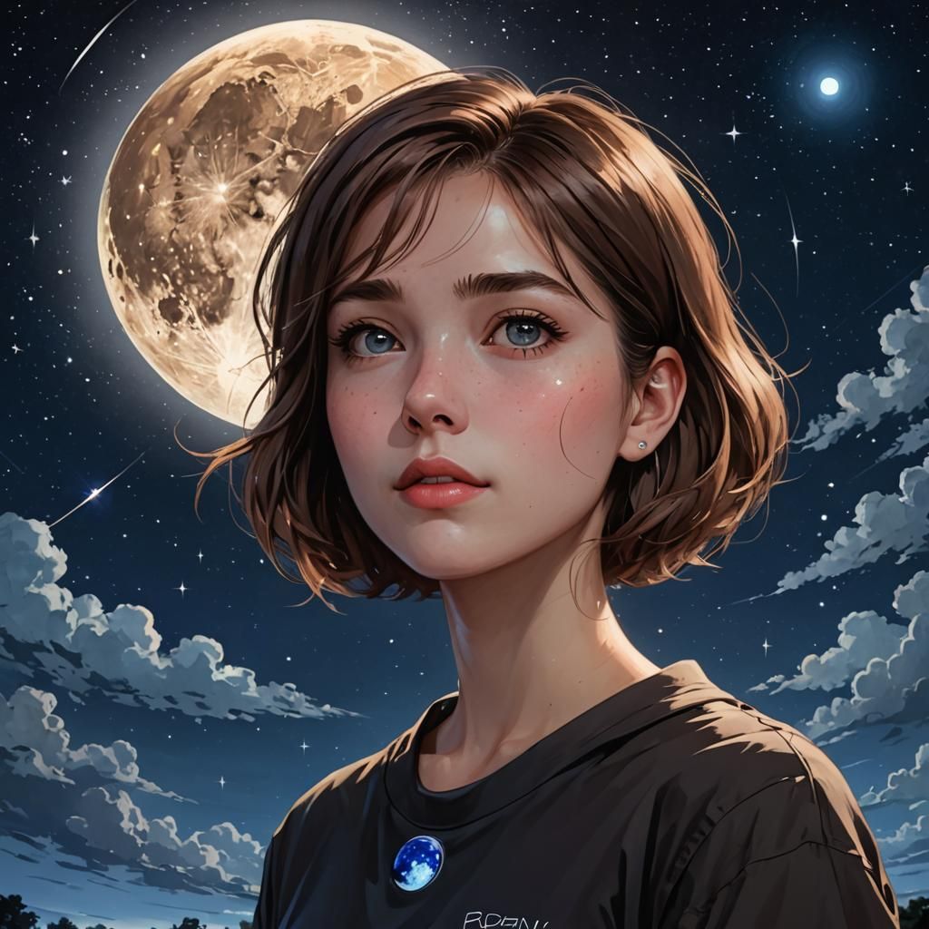 Girl Under Moonlit Starry Sky Portrait