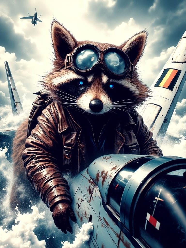 Raccoon Pilot Flying Fighter Jet with Ink Crosshatching