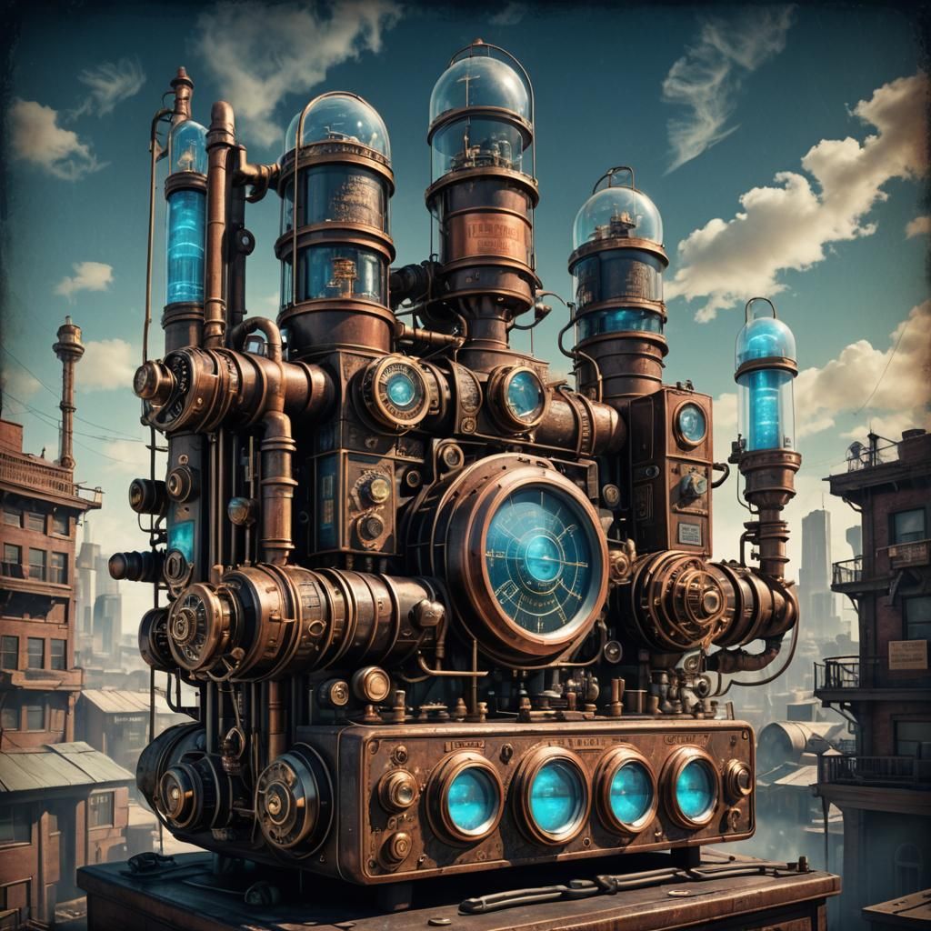 Steampunk Radio Towers Over City in Sci-Fi Art
