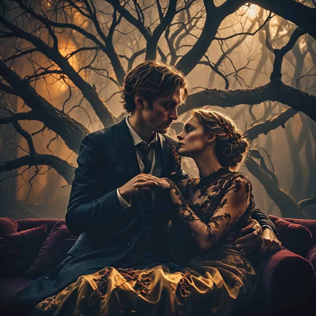 Newlyweds Protected by Light in Dark Fantasy Scene