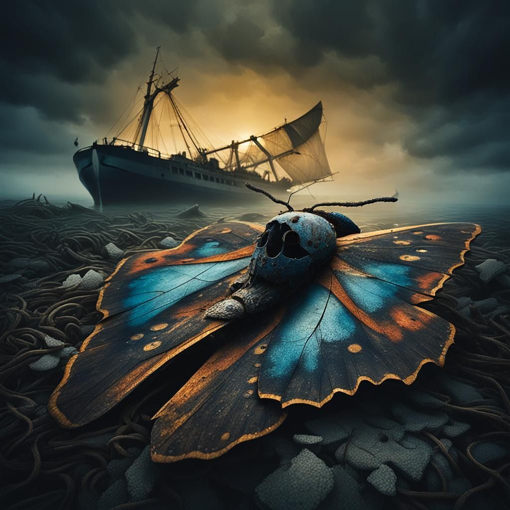 Surreal Moth Head on Abandoned Ship