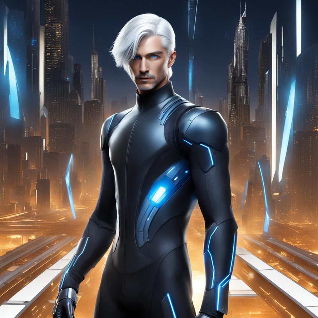 Futuristic Silver-Haired Man with Blue Eyes