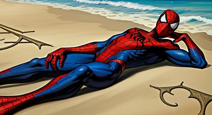 Spiderman lying down on the beach