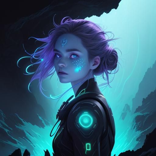 Bioluminescent Axolotl in Dark Cave, Digital Art