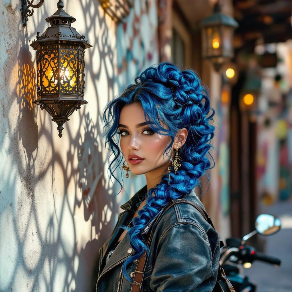 Cinematic Woman with Motorcycle in Old Town