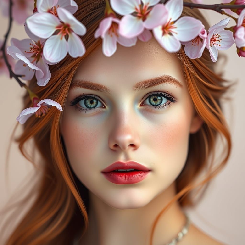Hyperrealistic Portrait of a Young Woman with Emerald Eyes a...