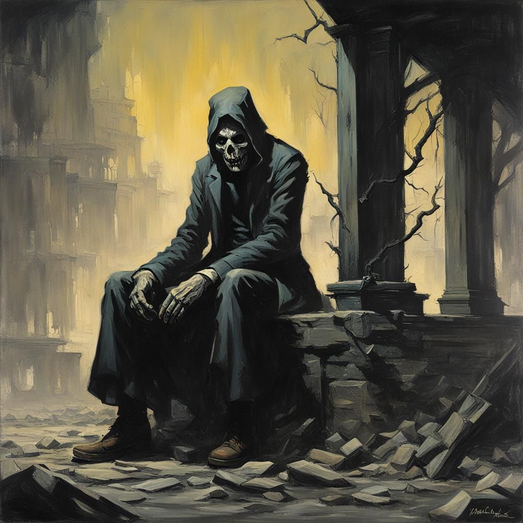 Woman Embracing Death in Sinister Dark Fantasy Style