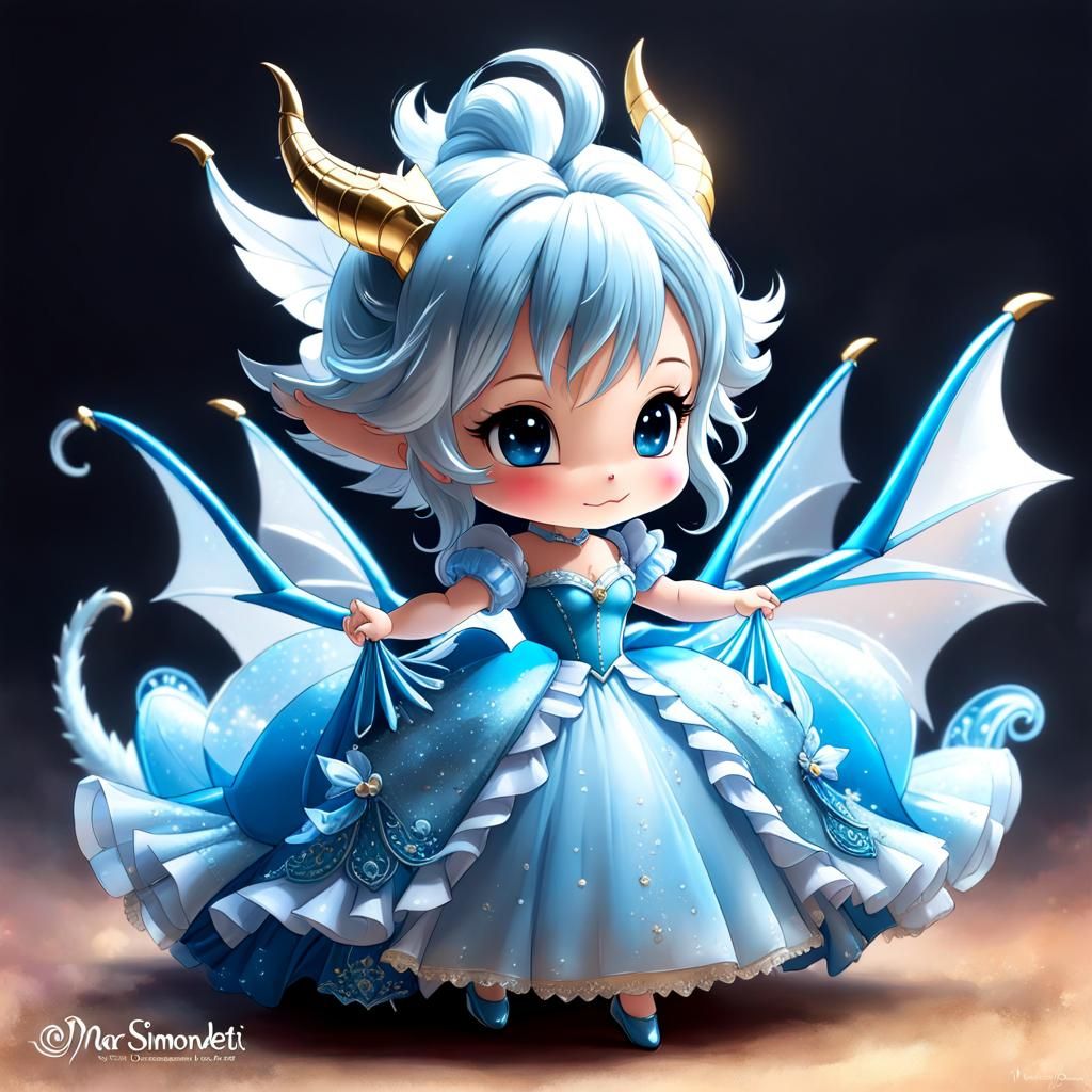 Chibi Dragon in Cinderella Dress, Digital Art