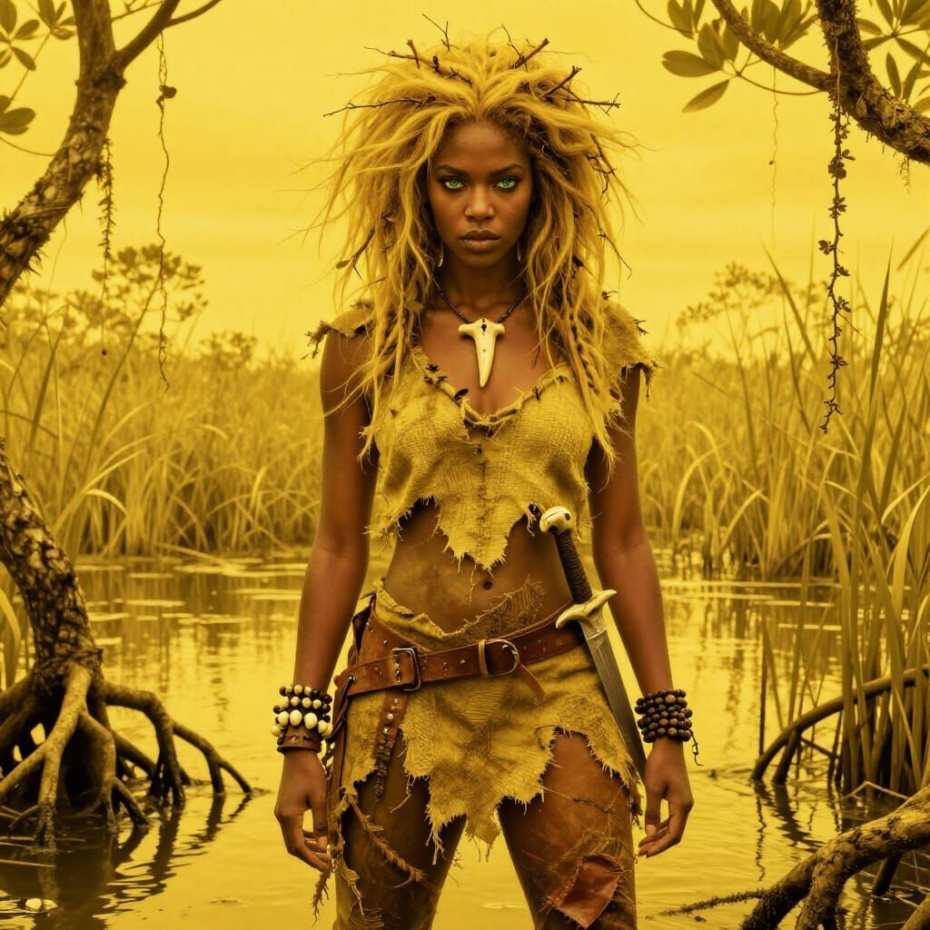 African American Werewolf in Monochromatic Yellow Wetland