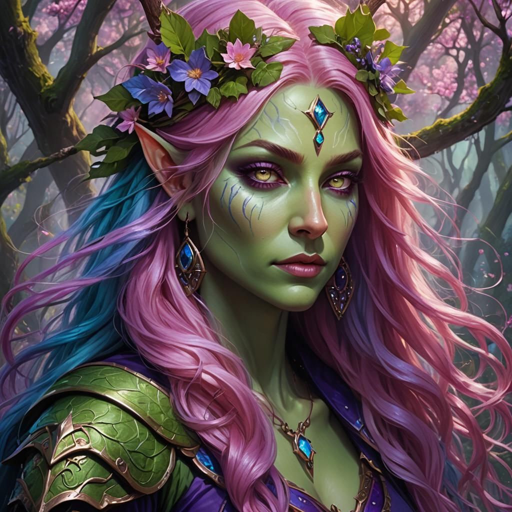 Eladrin Druid Portrait with Pink Hair, Fantasy Art