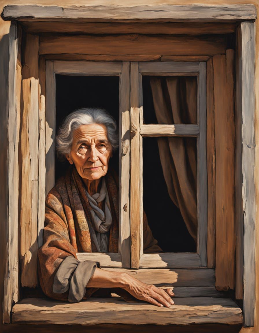 Warm Oil Painting of a Traditional Old Woman in Soft Focus