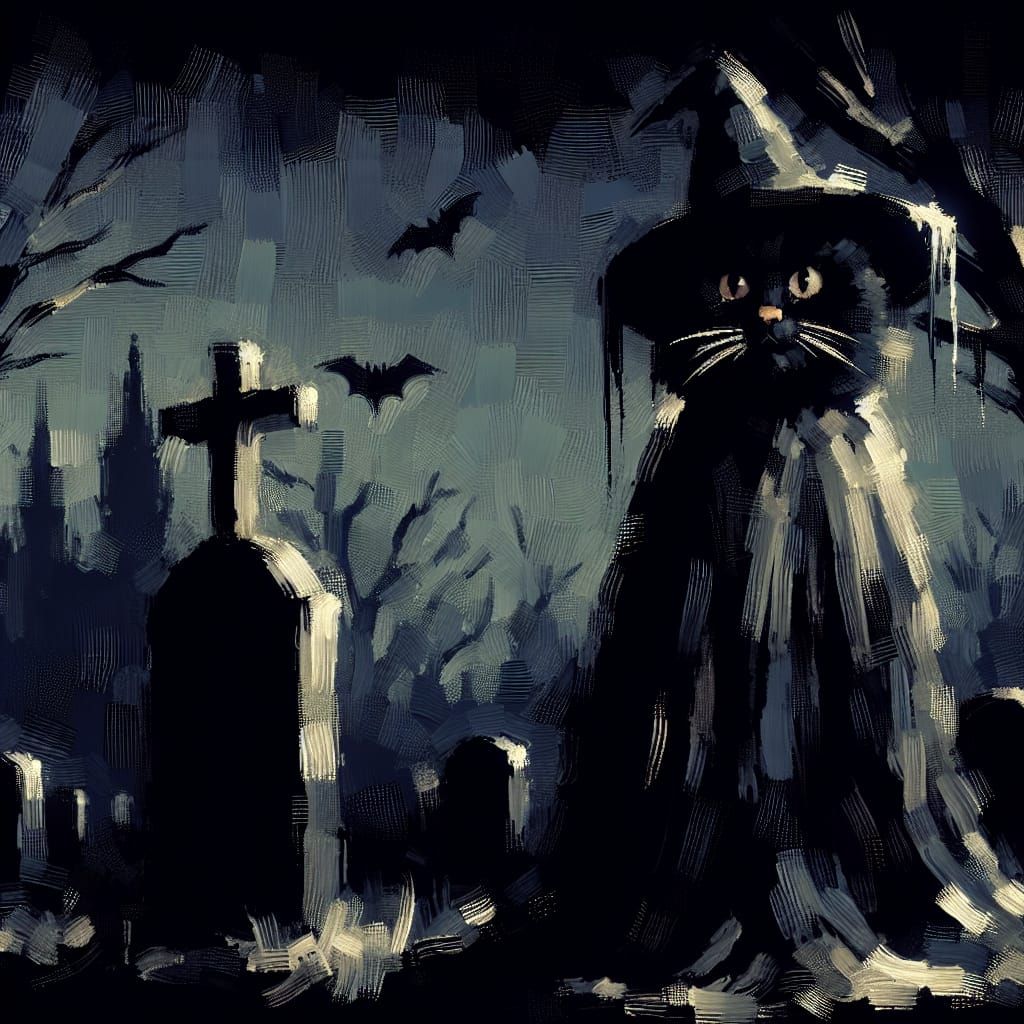 Gothic Black Cat Ghost on Gravestone at Spooky Night