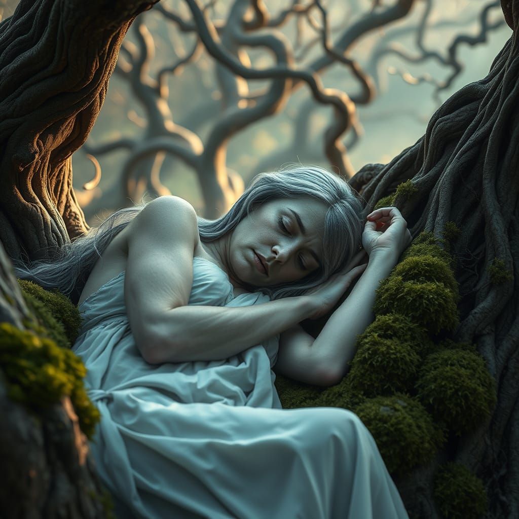 Ethereal Woman Resting in Ancient Forest, Digital Art