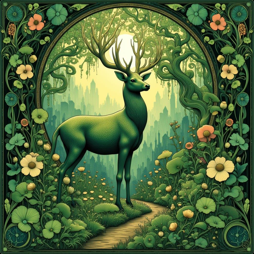 Art Nouveau Deer in Sun-Dappled Forest