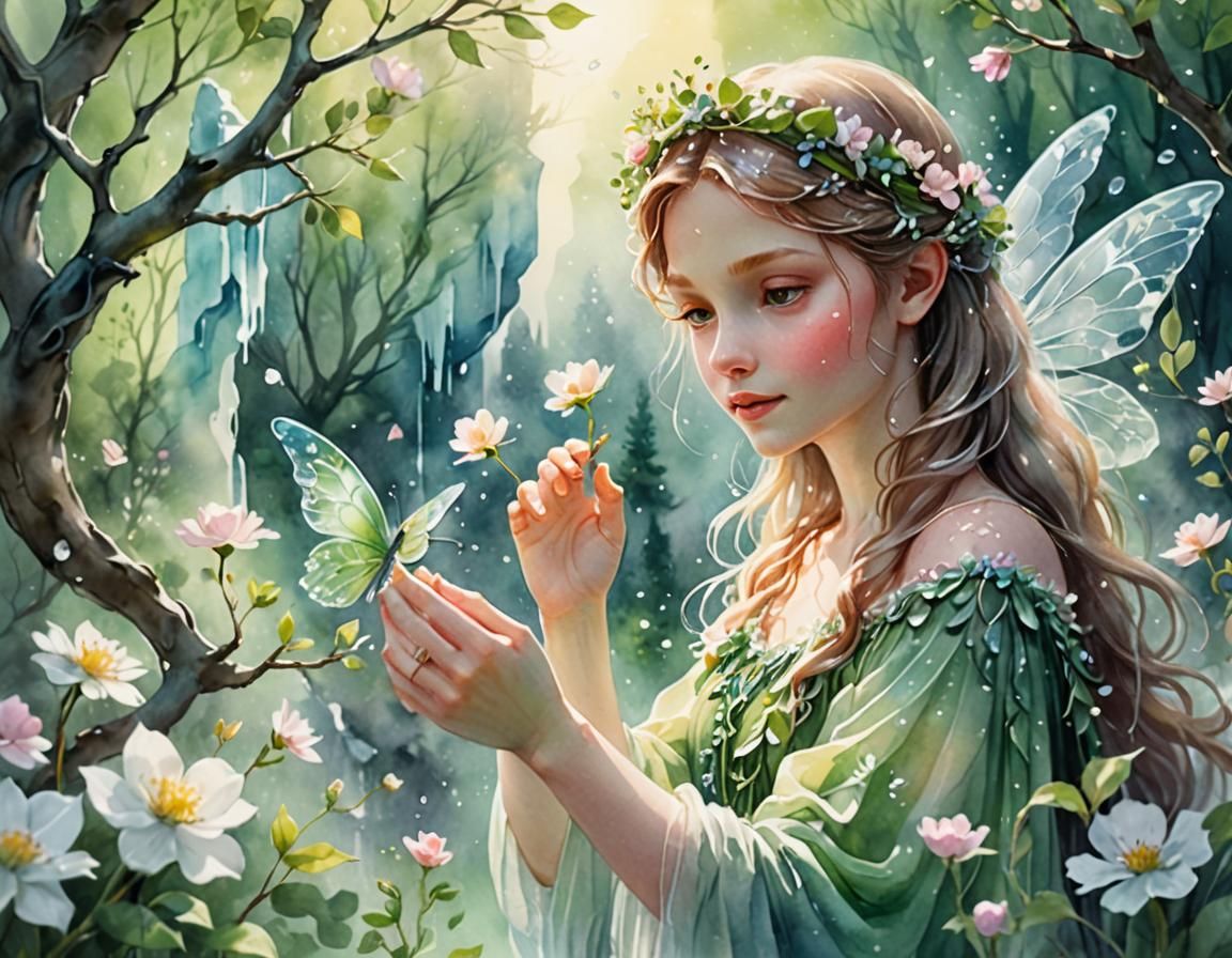 Spring Fairy Princess in Watercolor Forest