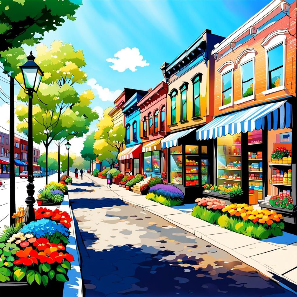 Vibrant Neighborhood Storefronts in a Lush Cityscape